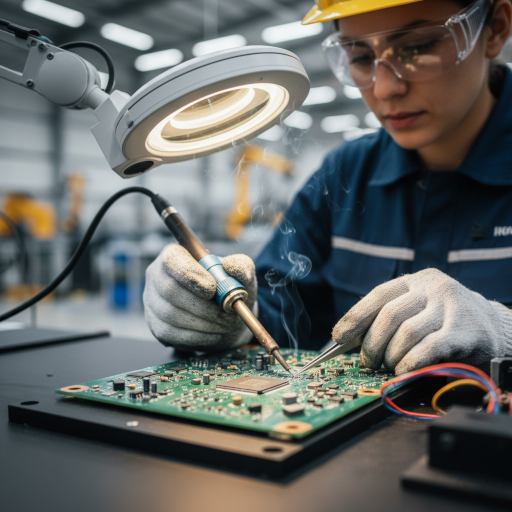 A close-up of a precision manufacturing process like riveting or wiring